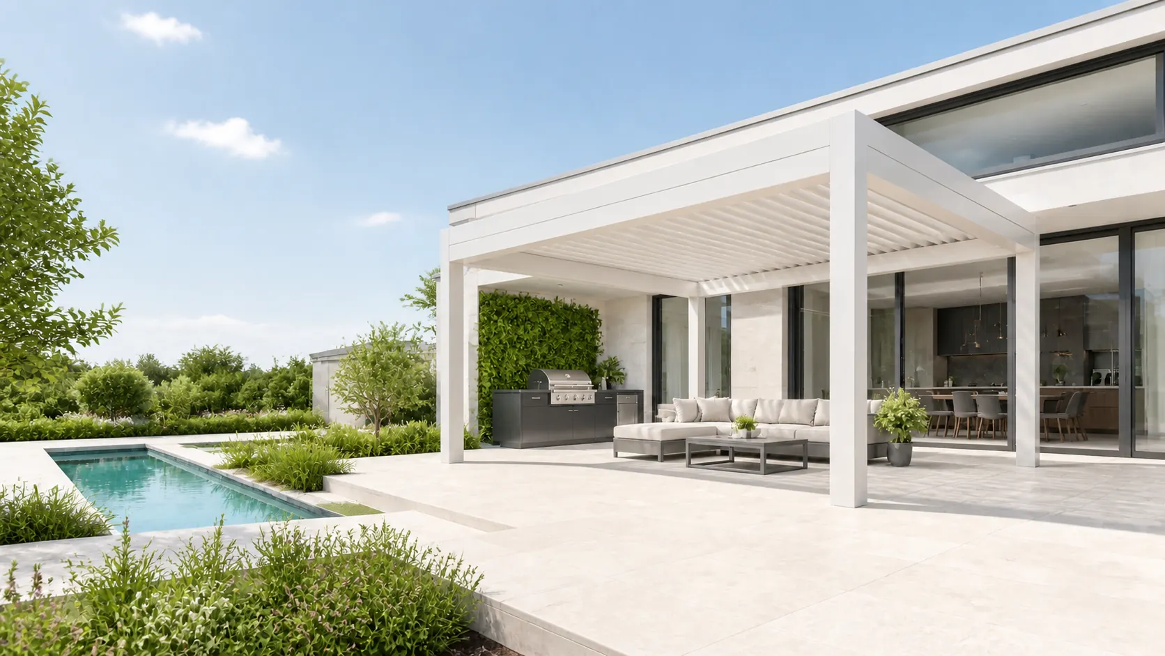 JIAKE aluminum pergola showing its structural frame and louvered roof