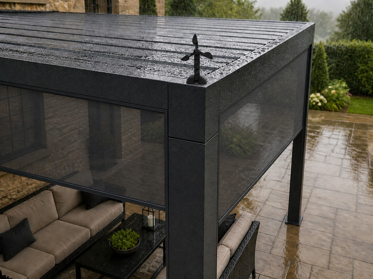 Combined wind and rain sensor on a closed louvered pergola with motorized windproof roller blinds