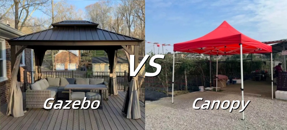 Side-by-side comparison of a hardtop gazebo and a portable fabric canopy