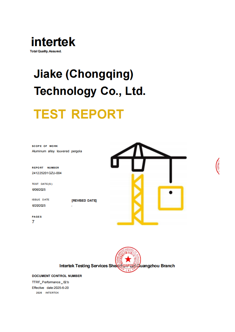 Cover of JIAKE aluminum alloy louvered pergola Intertek wind-resistance test report