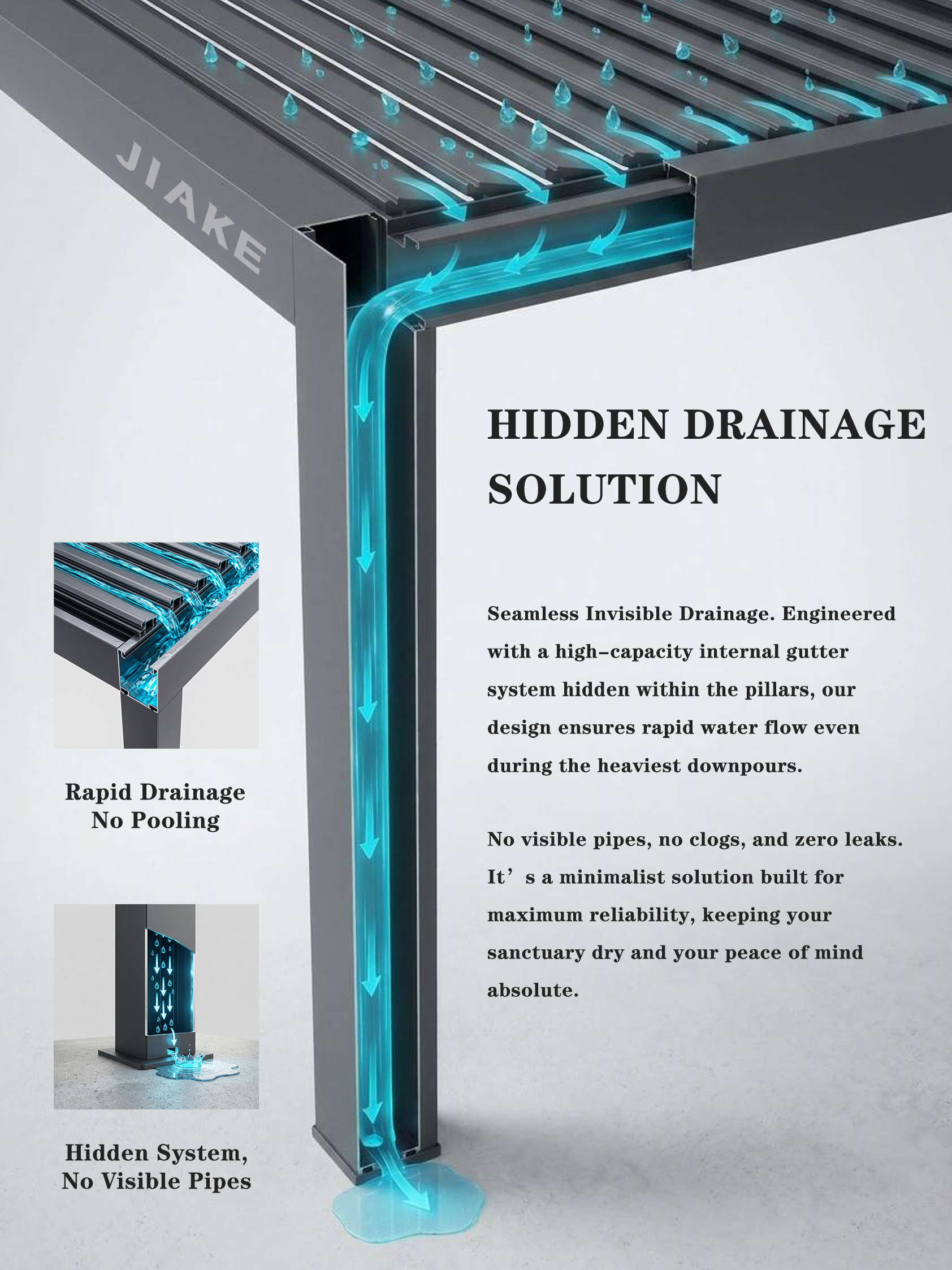 How rainwater flows through the integrated gutters and drainage posts of a louvered pergola