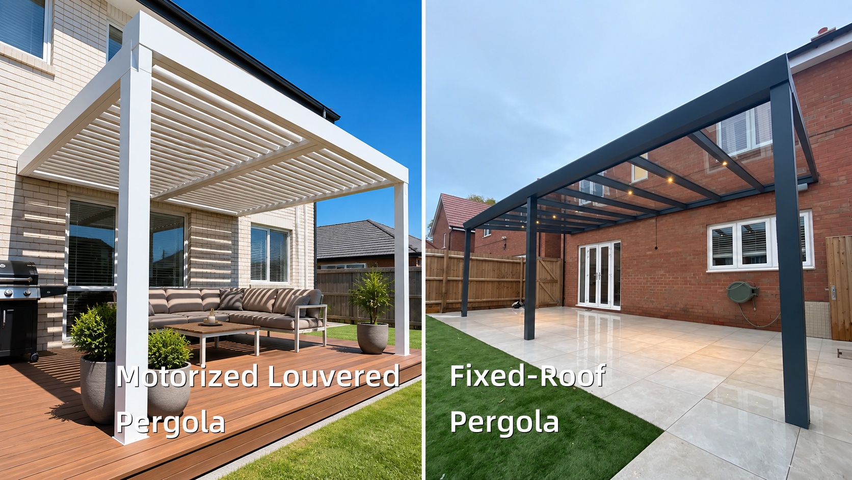 Side-by-side comparison of a white motorized louvered pergola and a dark fixed-roof pergola