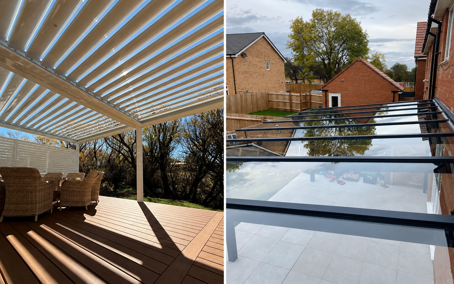 Open louvered roof and fixed glass roof comparison