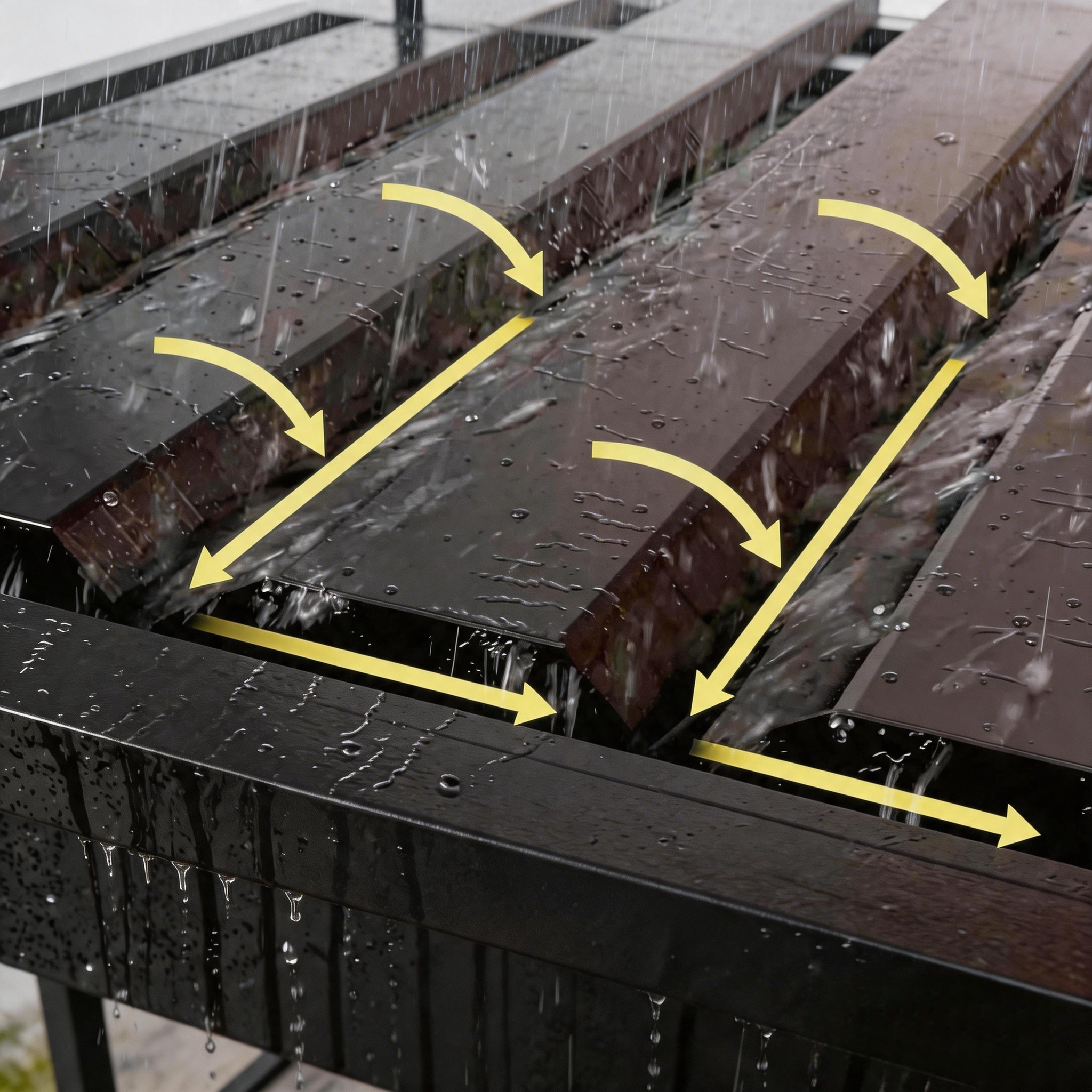 Rainwater flowing across aluminum louver channels toward drainage