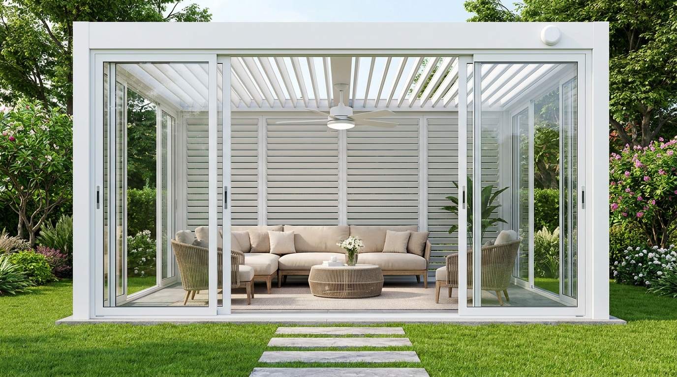 Pergola configured with sensor and enclosed outdoor living space
