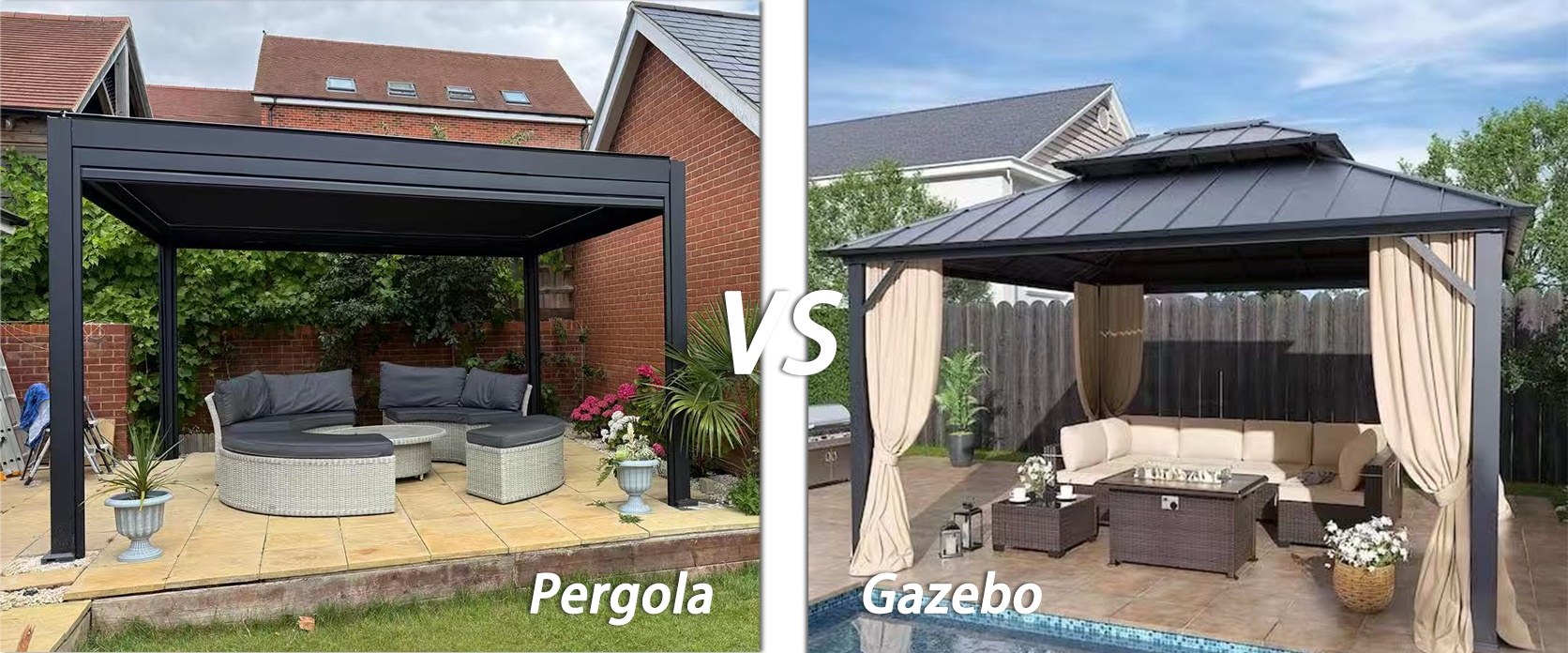 Side-by-side comparison of a modern pergola and a traditional hardtop gazebo