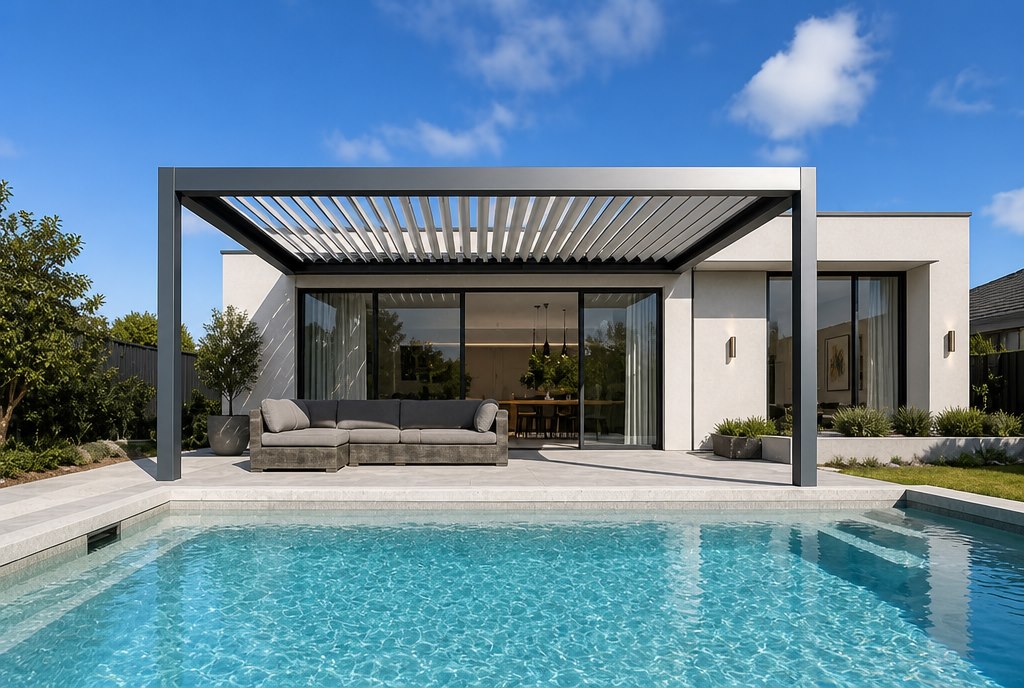 Freestanding aluminum louvered pergola beside a residential swimming pool