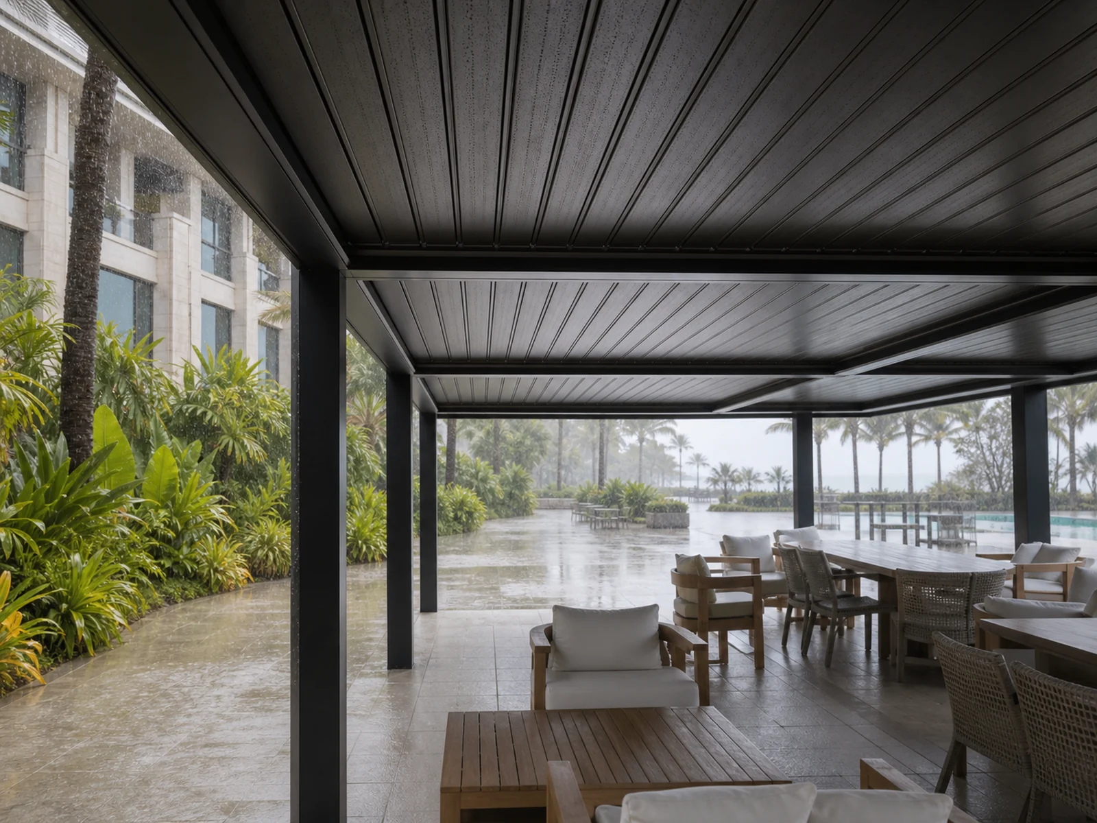 JIAKE aluminum louvered pergola with closed roof louvers during rainfall
