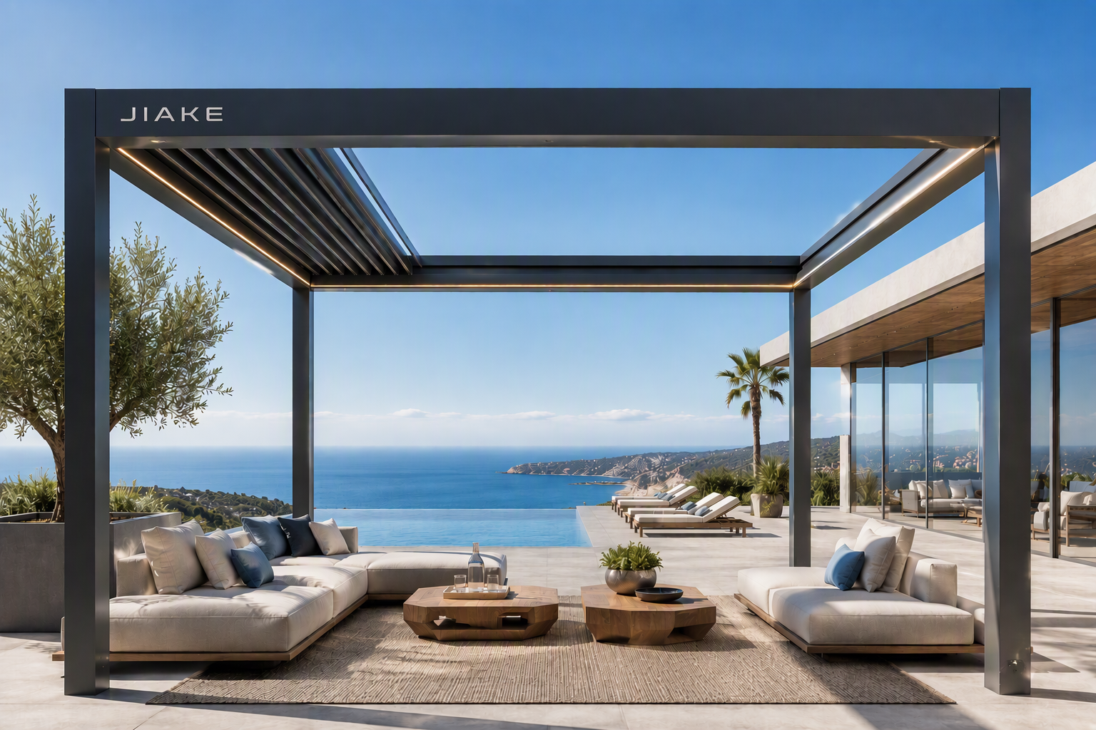 Retractable louvered pergola with blades stacked to open the roof to the sky
