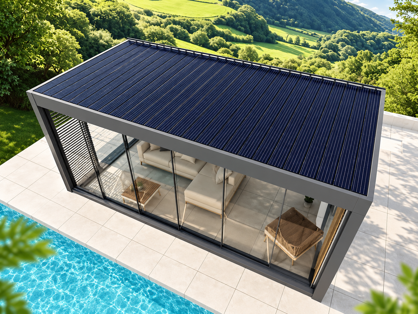 Solar pergola with photovoltaic panels integrated into adjustable louver blades