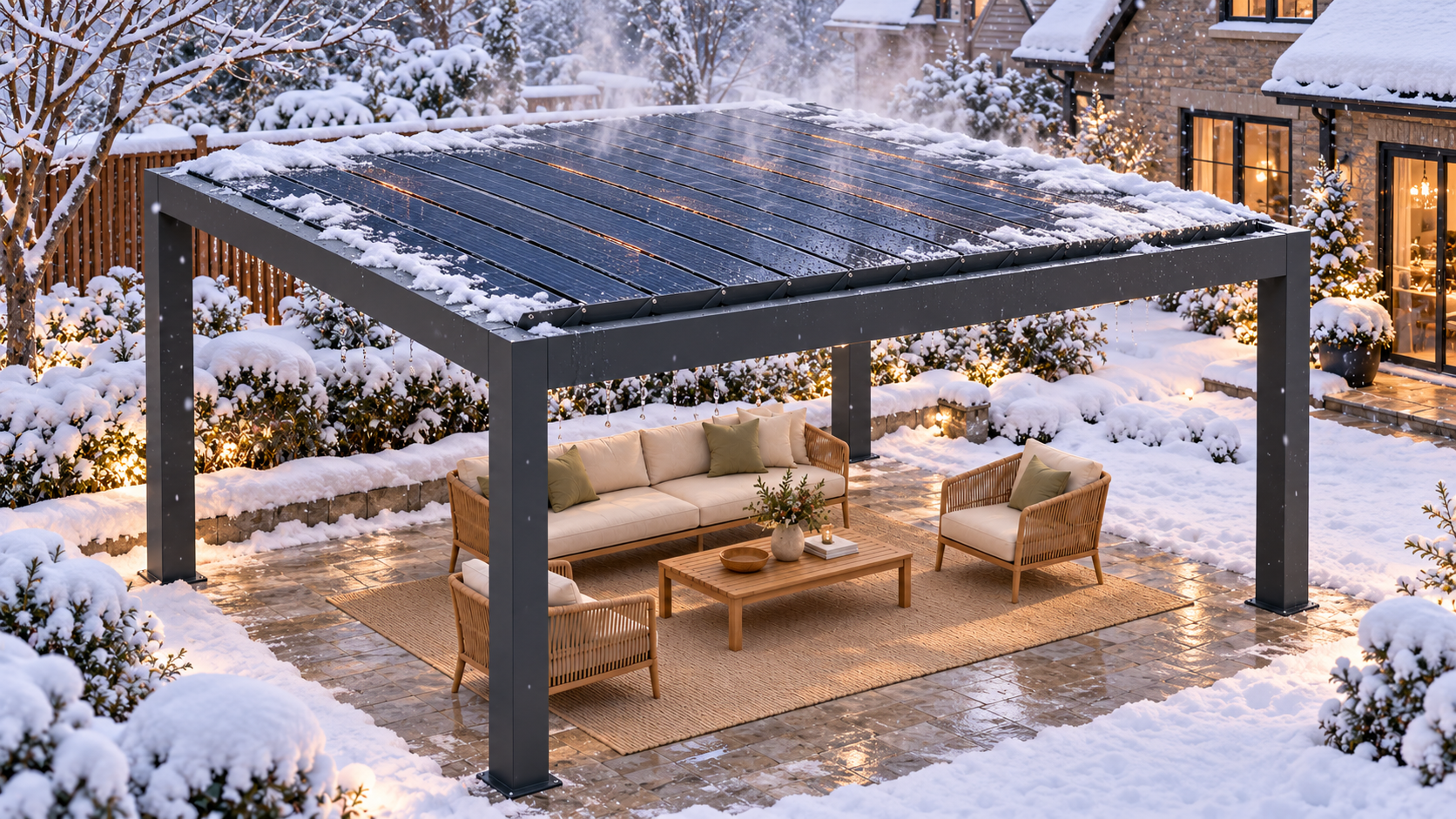Solar pergola with integrated photovoltaic louver blades in a snowy winter setting