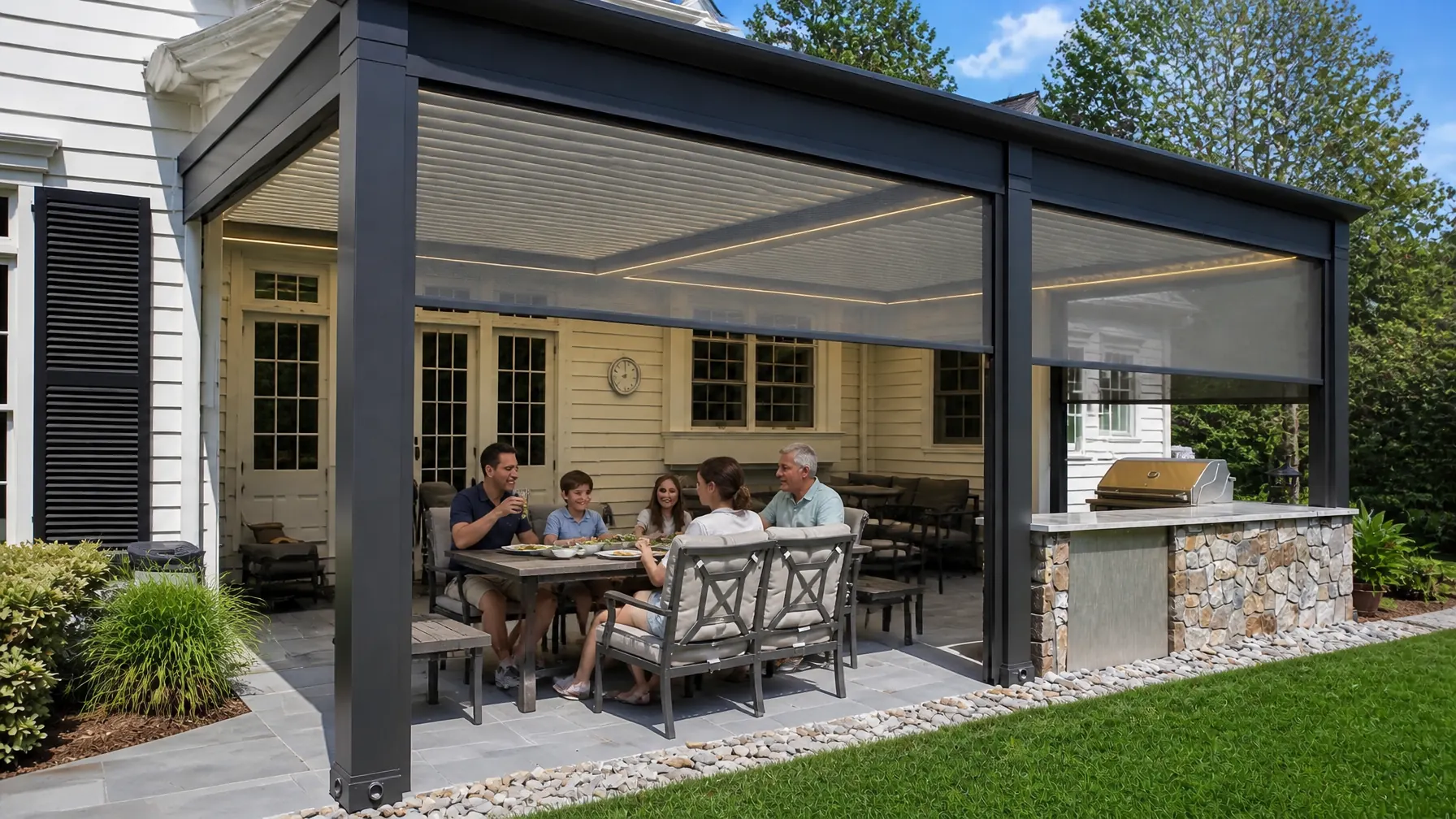 Louvered pergola covering a family dining area