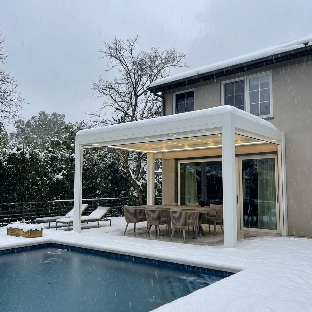 White aluminum pergola installed beside a swimming pool during snowy weather