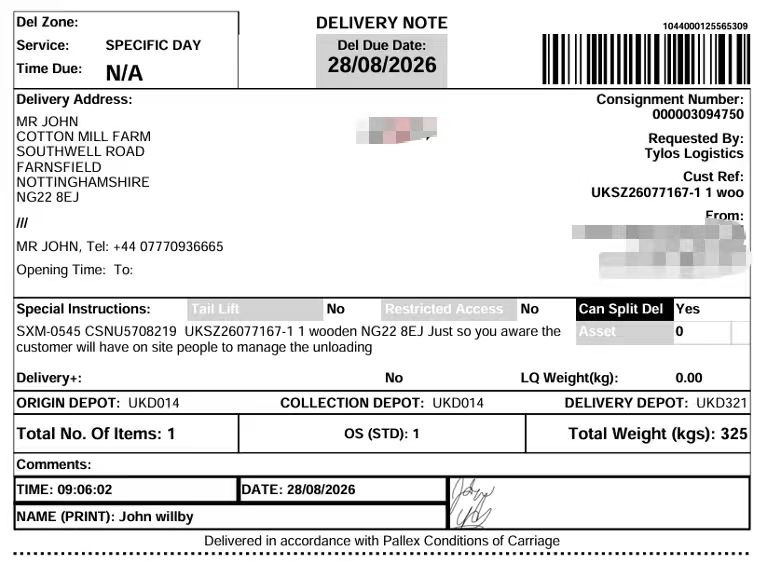 Example of pergola packing and delivery documentation