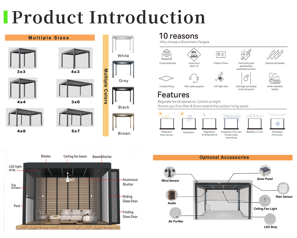 JIAKE aluminum pergola product introduction with sizes, colors, features and optional accessories