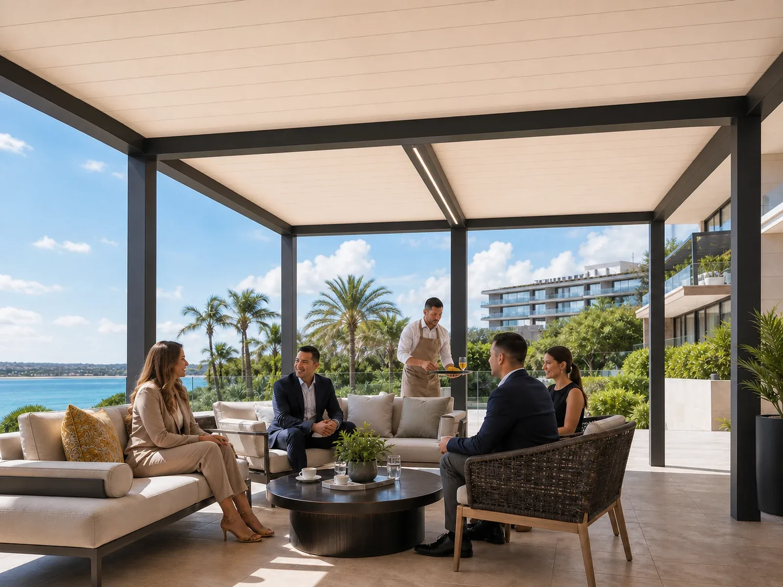 Fixed-roof pergola with insulated panel ceiling