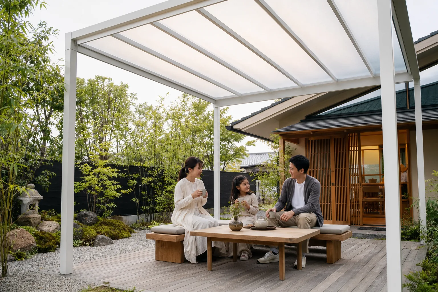 Aluminum pergola with a translucent polycarbonate roof
