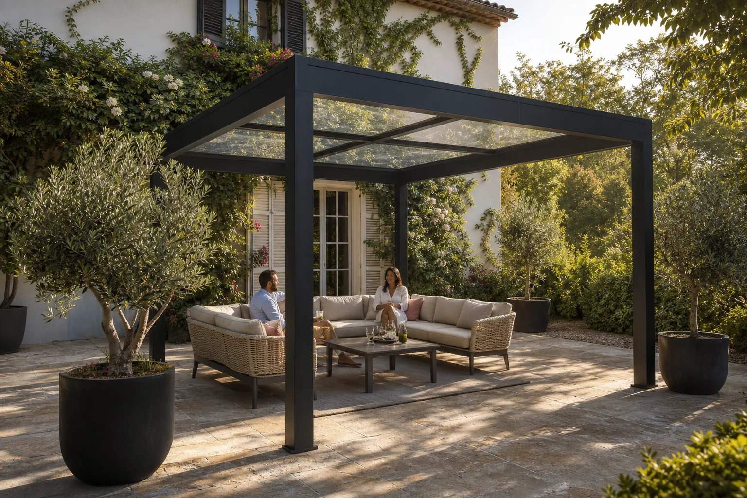 Aluminum pergola with a transparent glass roof