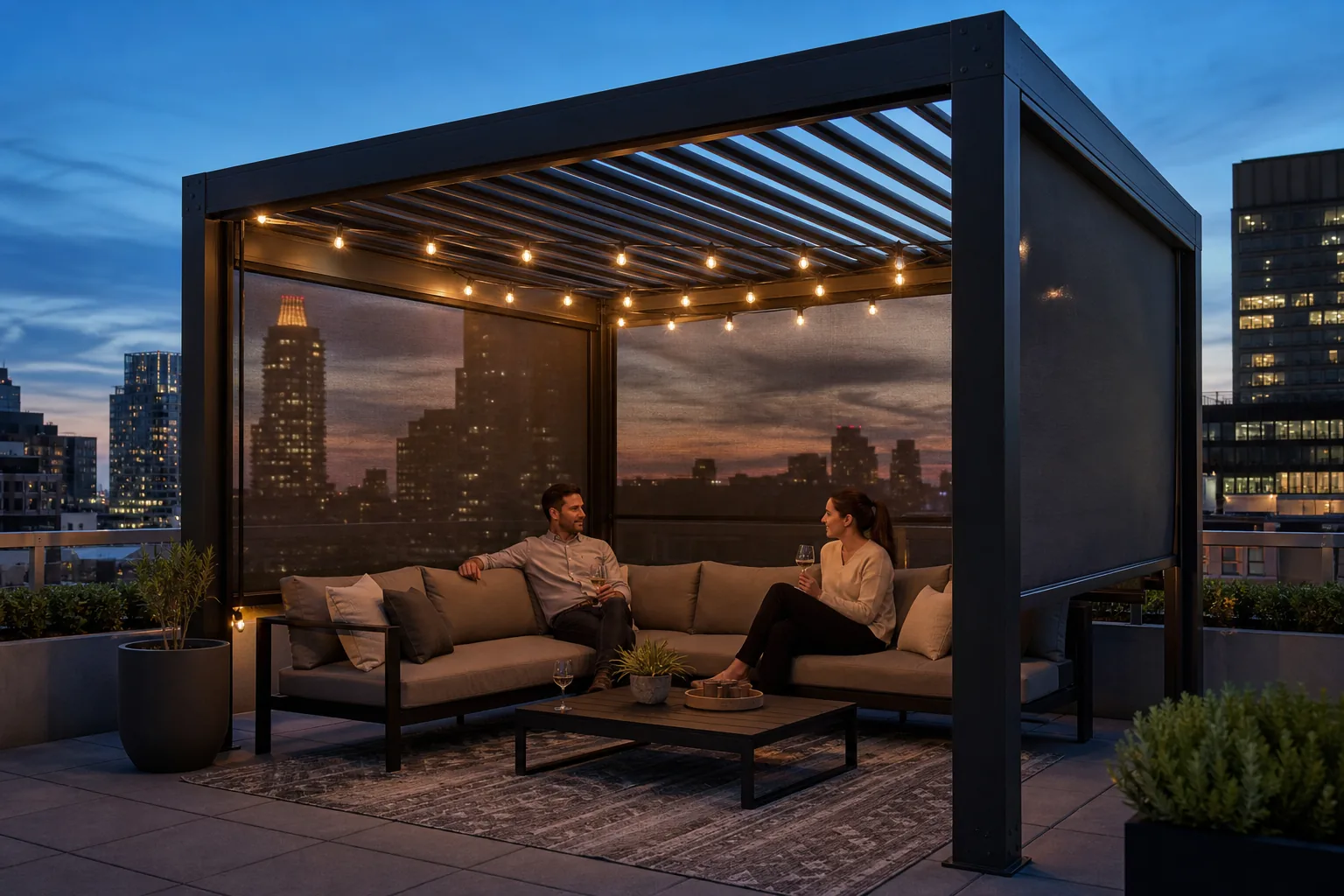 Fixed-roof pergola with aluminum louver shutters and weather screens